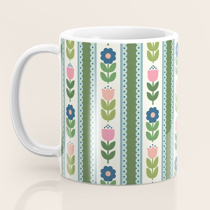Scandi-Floral Stripes Green Pink Blue Coffee Mug Gallery Image 3
