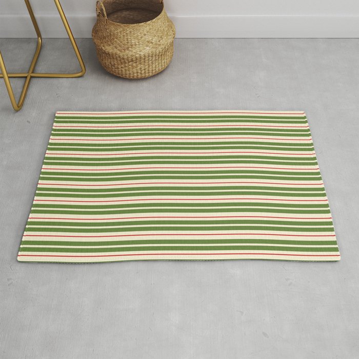 Christmas Stripes Retro Holiday Stripe Pattern in Xmas Green Red Cream  Rug Gallery Image 1