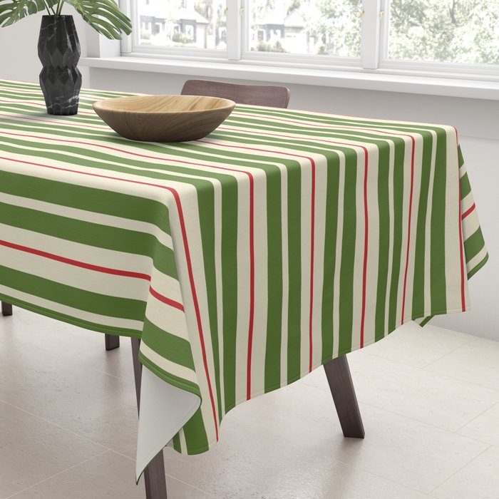 Christmas Stripes Retro Holiday Stripe Pattern in Xmas Green Red Cream  Tablecloth Gallery Image 3