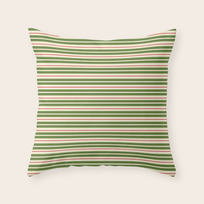 Christmas Stripes Retro Holiday Stripe Pattern in Xmas Green Red Cream  Throw Pillow Gallery Image 1