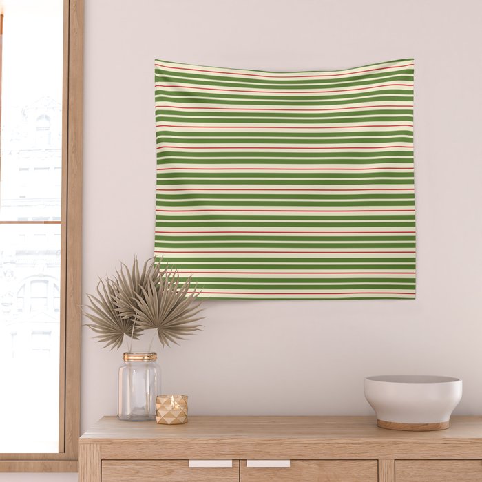 Christmas Stripes Retro Holiday Stripe Pattern in Xmas Green Red Cream  Wall Tapestry Gallery Image 2
