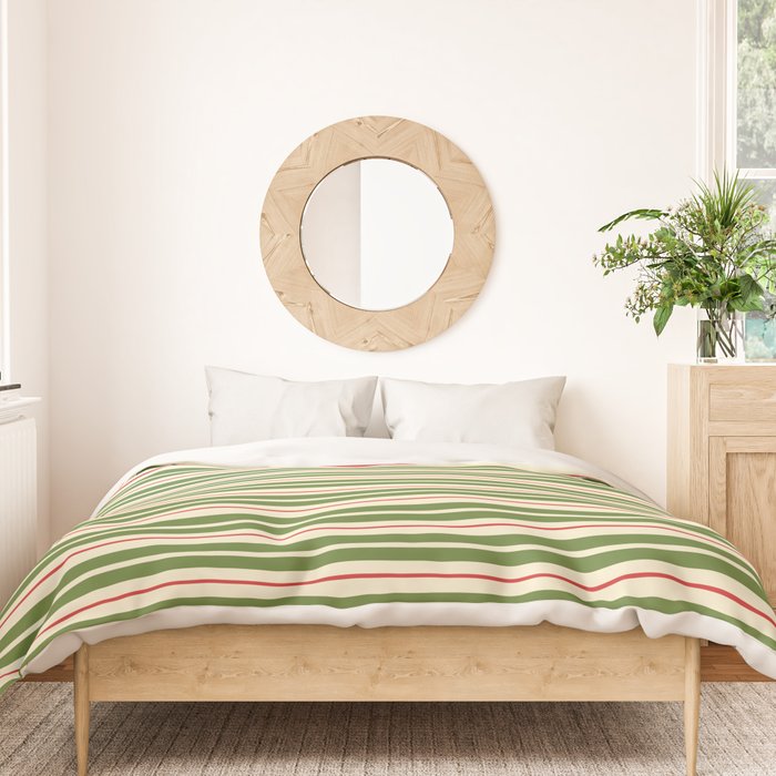 Christmas Stripes Retro Holiday Stripe Pattern in Xmas Green Red Cream  Duvet Cover Gallery Image 3