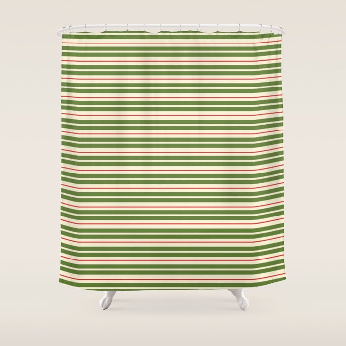 Christmas Stripes Retro Holiday Stripe Pattern in Xmas Green Red Cream  Shower Curtain Gallery Image 1