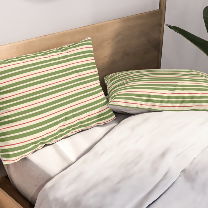 Christmas Stripes Retro Holiday Stripe Pattern in Xmas Green Red Cream  Pillow Sham Gallery Image 2