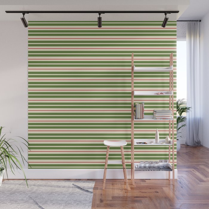 Christmas Stripes Retro Holiday Stripe Pattern in Xmas Green Red Cream  Wall Mural Gallery Image 1