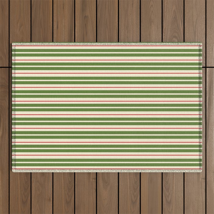 Christmas Stripes Retro Holiday Stripe Pattern in Xmas Green Red Cream  Outdoor Rug Gallery Image 1