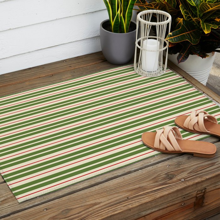 Christmas Stripes Retro Holiday Stripe Pattern in Xmas Green Red Cream  Outdoor Rug Gallery Image 2