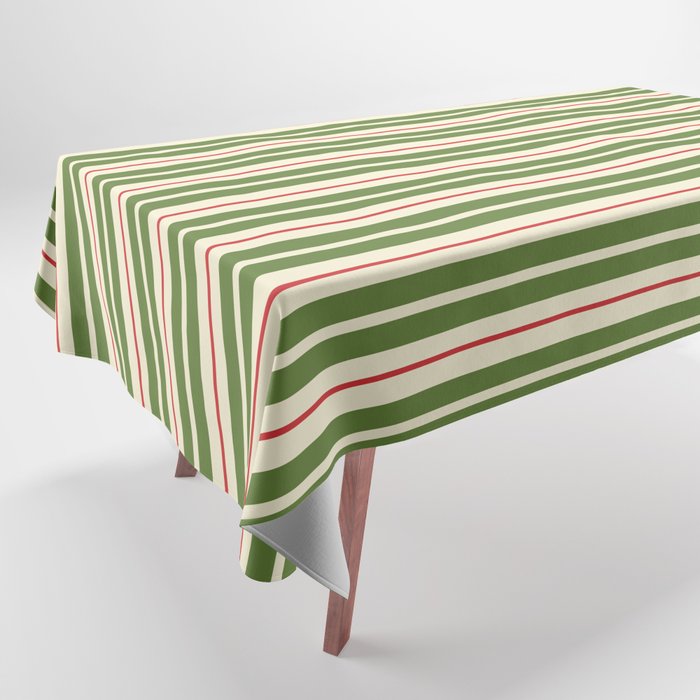 Christmas Stripes Retro Holiday Stripe Pattern in Xmas Green Red Cream  Tablecloth Gallery Image 1