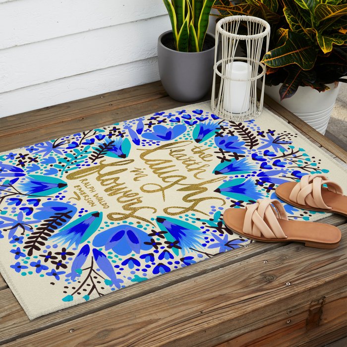 The Earth Laughs in Flowers - Gold & Blue Outdoor Rug Gallery Image 2