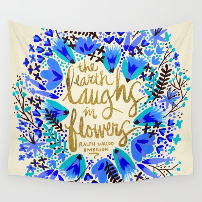 The Earth Laughs in Flowers - Gold & Blue Wall Tapestry Gallery Image 1