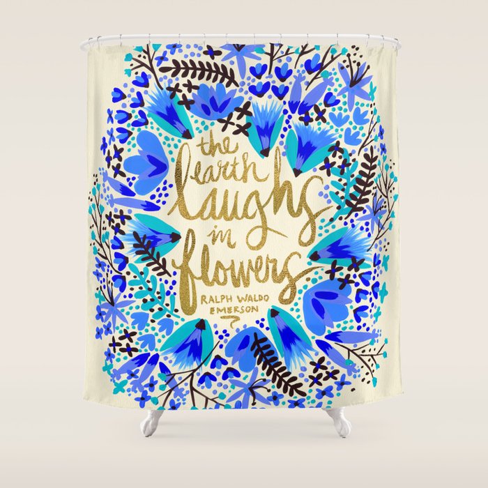 The Earth Laughs in Flowers - Gold & Blue Shower Curtain Gallery Image 1