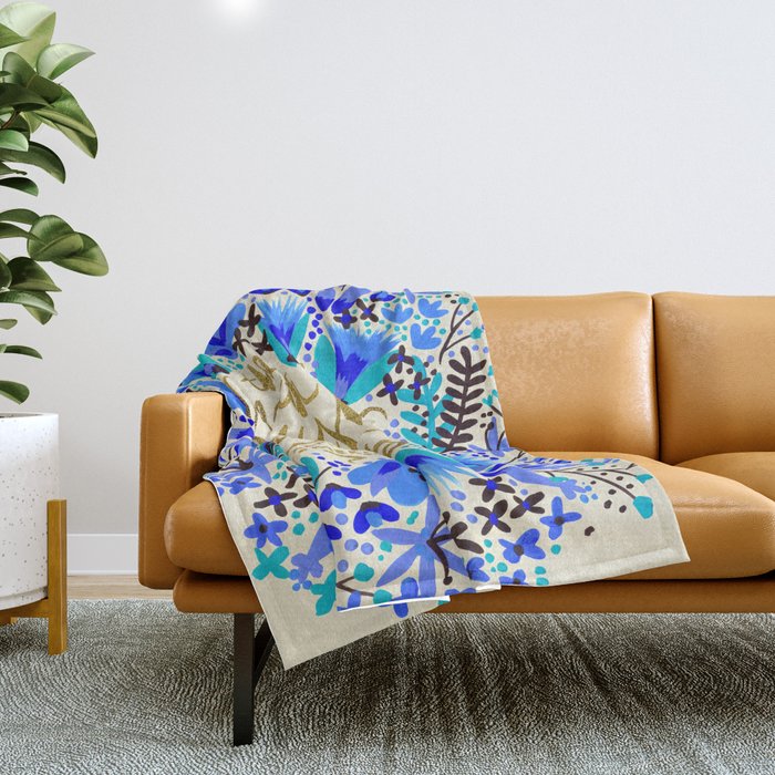 The Earth Laughs in Flowers - Gold & Blue Throw Blanket Gallery Image 1
