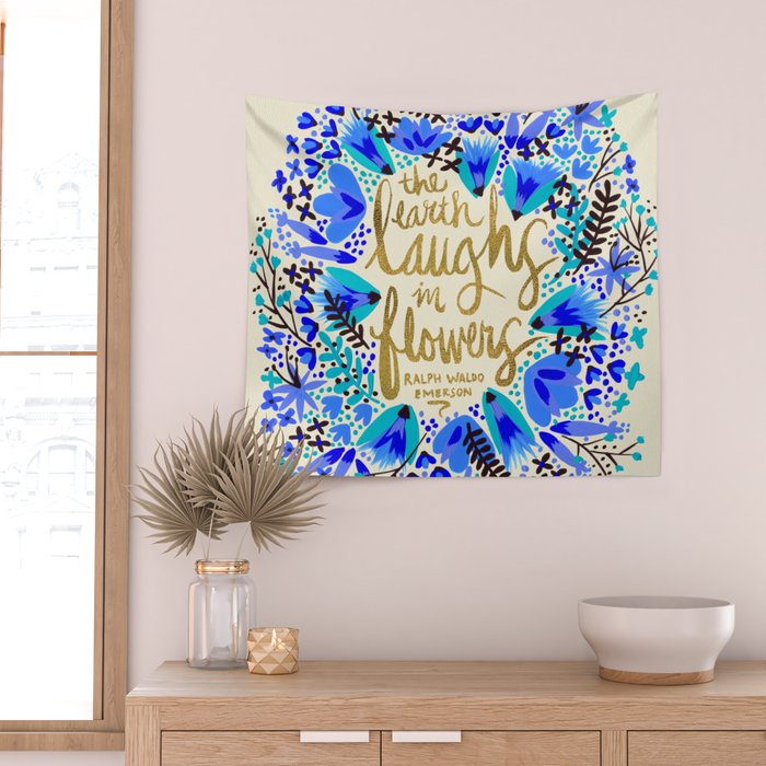 The Earth Laughs in Flowers - Gold & Blue Wall Tapestry Gallery Image 2