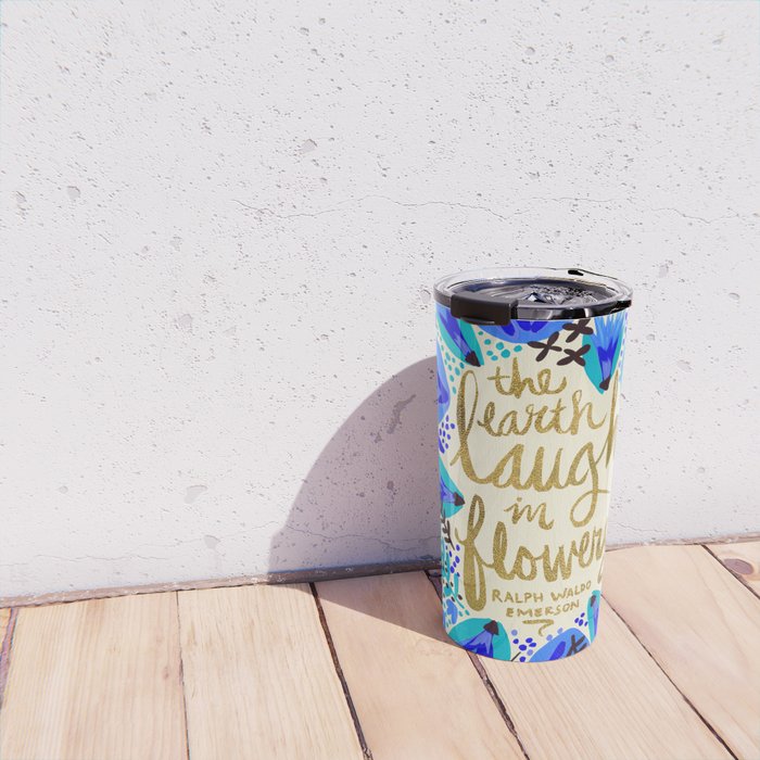 The Earth Laughs in Flowers - Gold & Blue Travel Mug Gallery Image 4