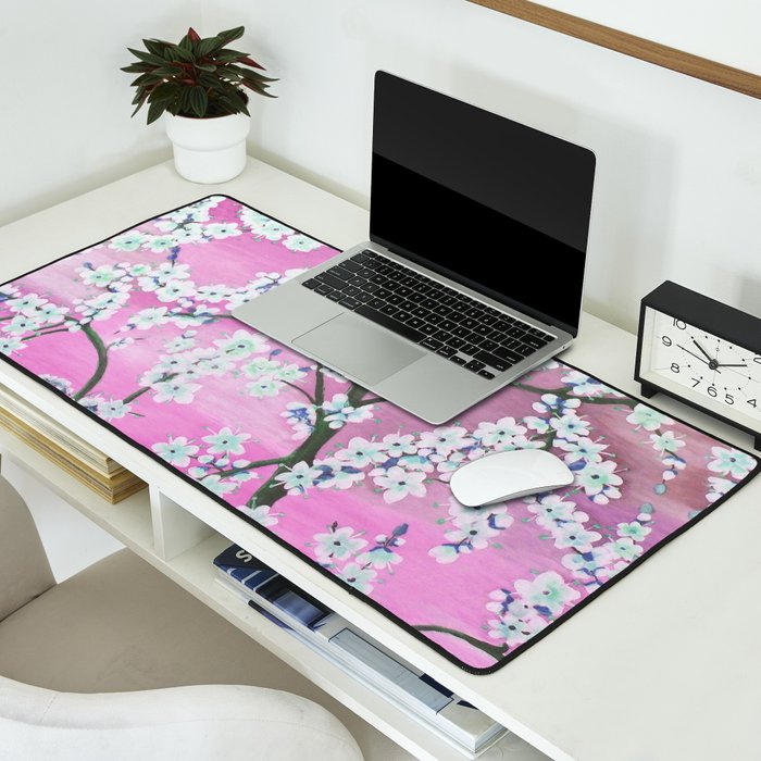 Elegant white pink floral painting pattern Desk Mat Gallery Image 2