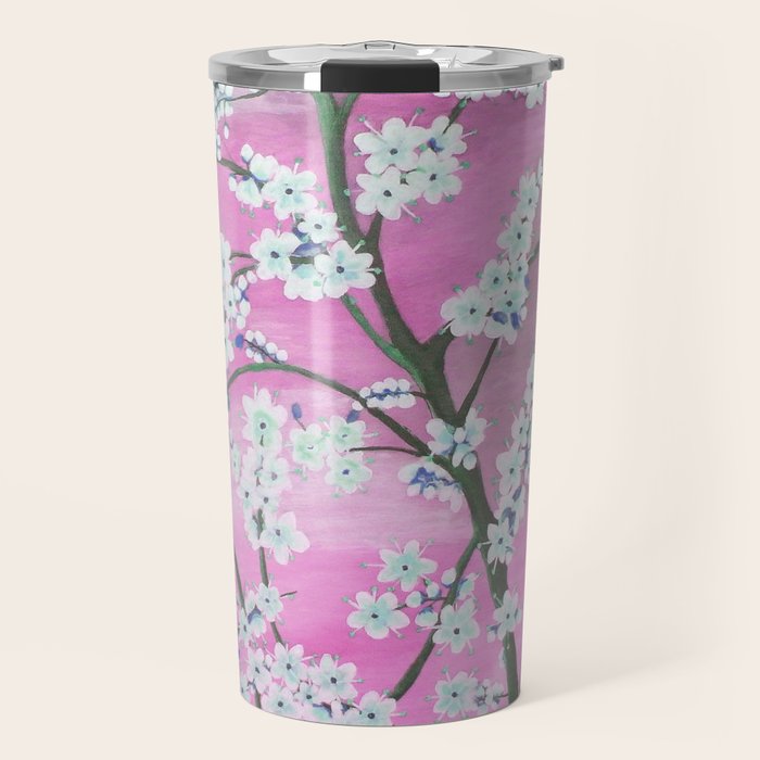 Elegant white pink floral painting pattern Travel Mug Gallery Image 1