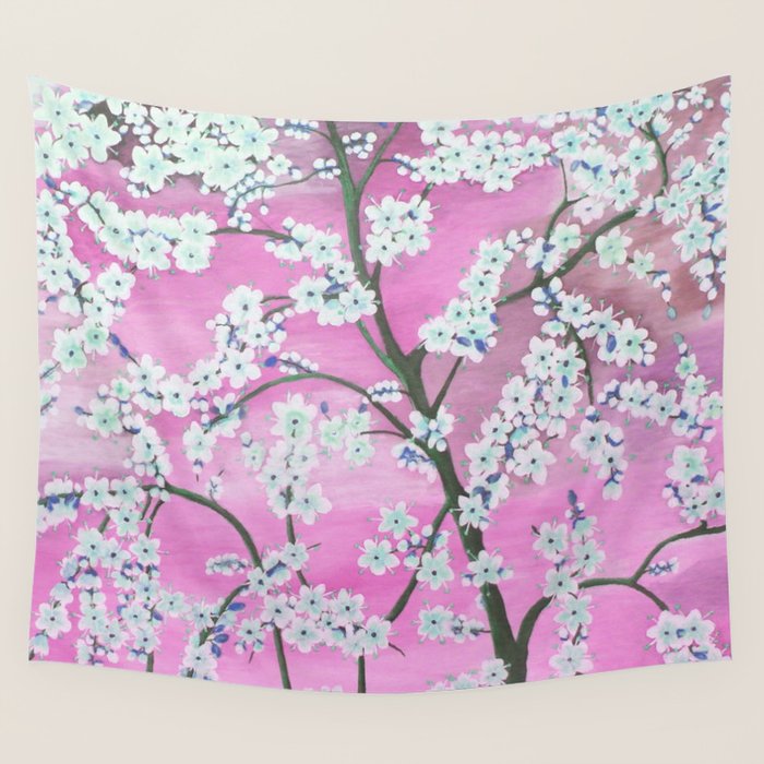 Elegant white pink floral painting pattern Wall Tapestry Gallery Image 4