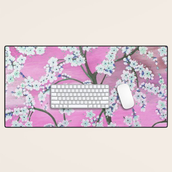 Elegant white pink floral painting pattern Desk Mat Gallery Image 1