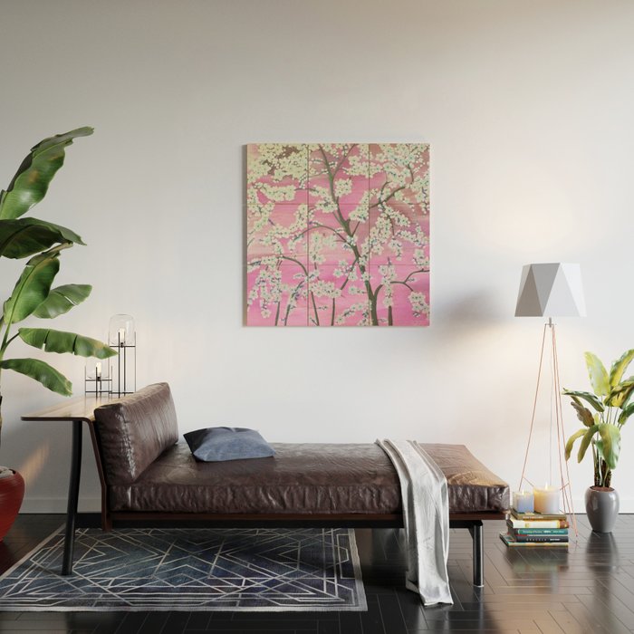 Elegant white pink floral painting pattern Wood Wall Art Gallery Image 2