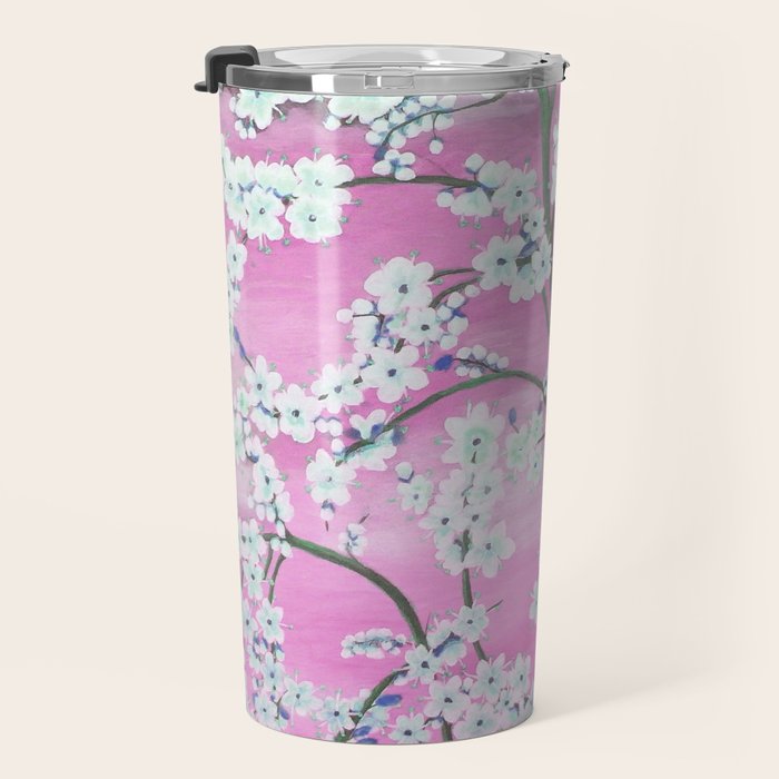 Elegant white pink floral painting pattern Travel Mug Gallery Image 3