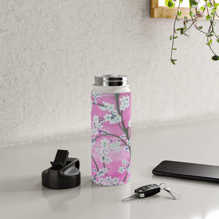 Elegant white pink floral painting pattern Water Bottle Gallery Image 4