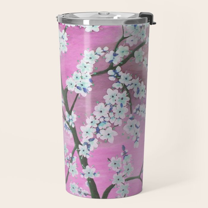 Elegant white pink floral painting pattern Travel Mug Gallery Image 2