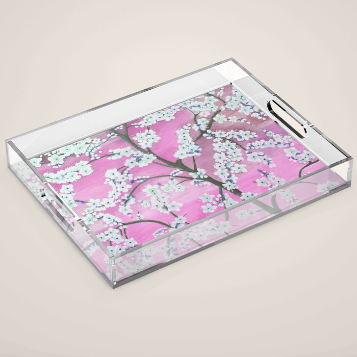 Elegant white pink floral painting pattern Acrylic Tray Gallery Image 1