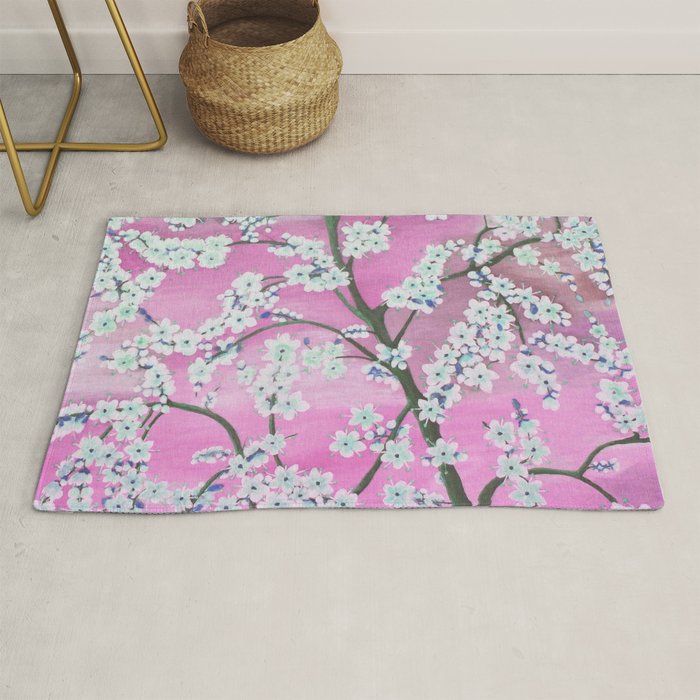Elegant white pink floral painting pattern Rug Gallery Image 1
