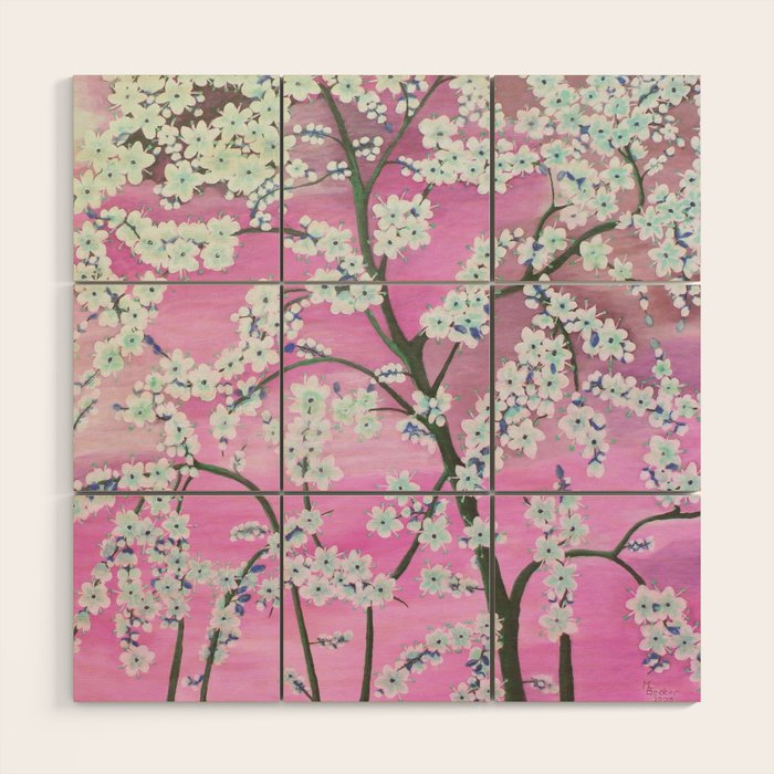 Elegant white pink floral painting pattern Wood Wall Art Gallery Image 1