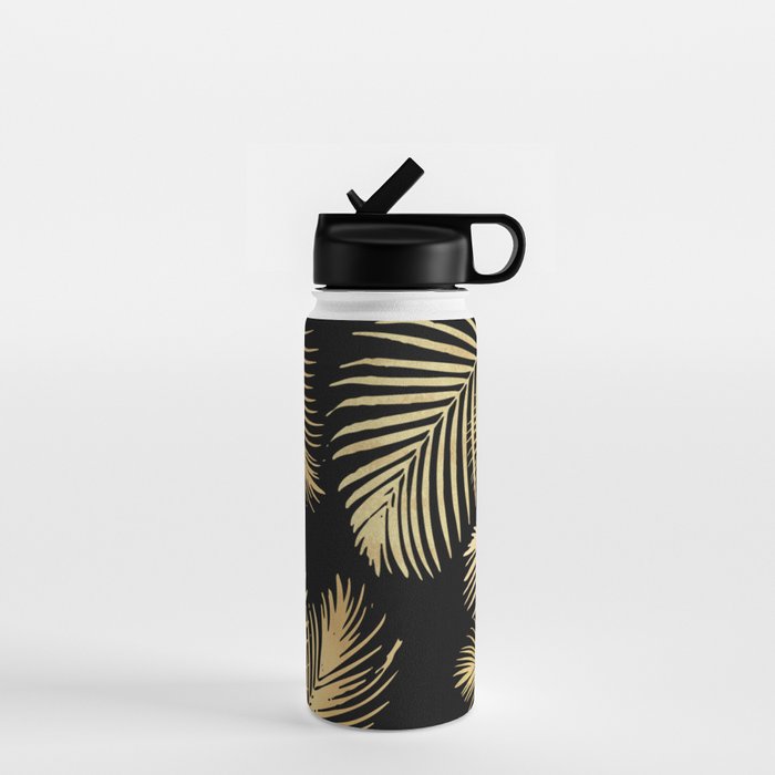 Gold Palm Leaves on Black Water Bottle