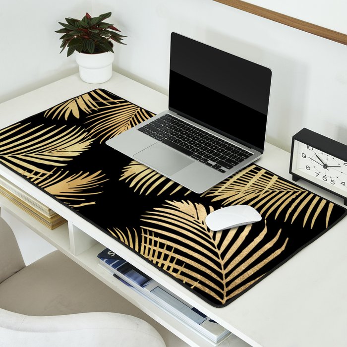 Gold Palm Leaves on Black Desk Mat Gallery Image 2