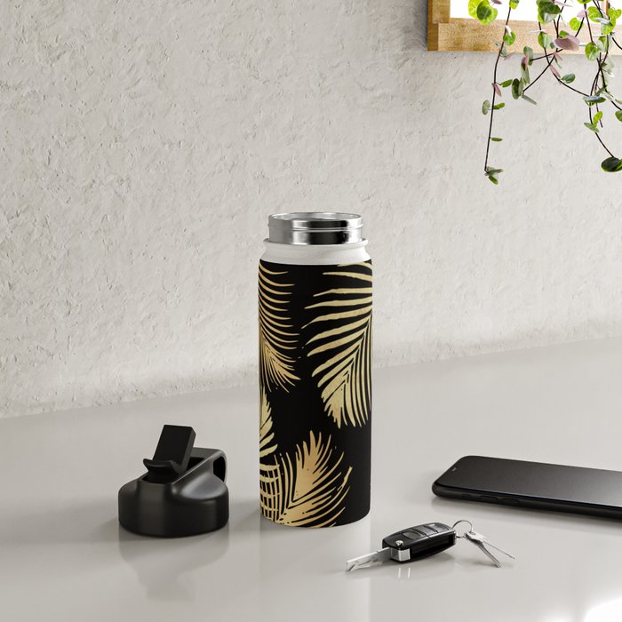 Gold Palm Leaves on Black Water Bottle Gallery Image 4