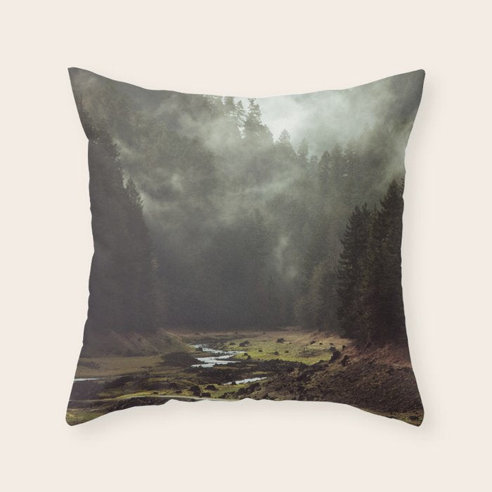 Foggy Forest Creek Throw Pillow Gallery Image 1