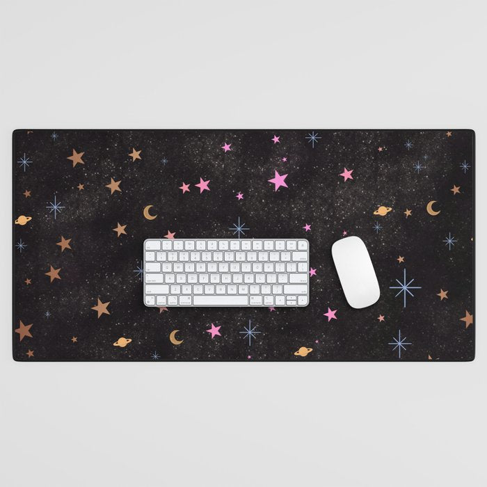 Spaces pattern with colourful stars moons and planets  Desk Mat Gallery Image 1