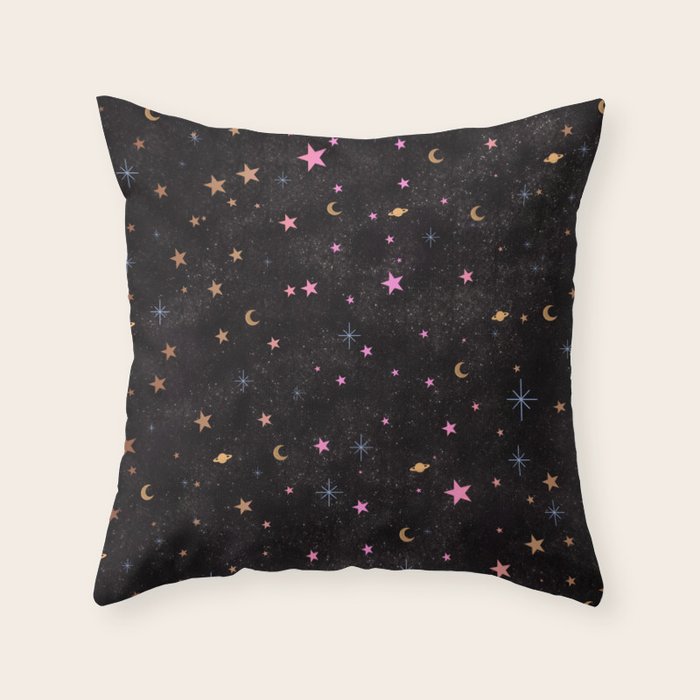 Spaces pattern with colourful stars moons and planets  Throw Pillow Gallery Image 1