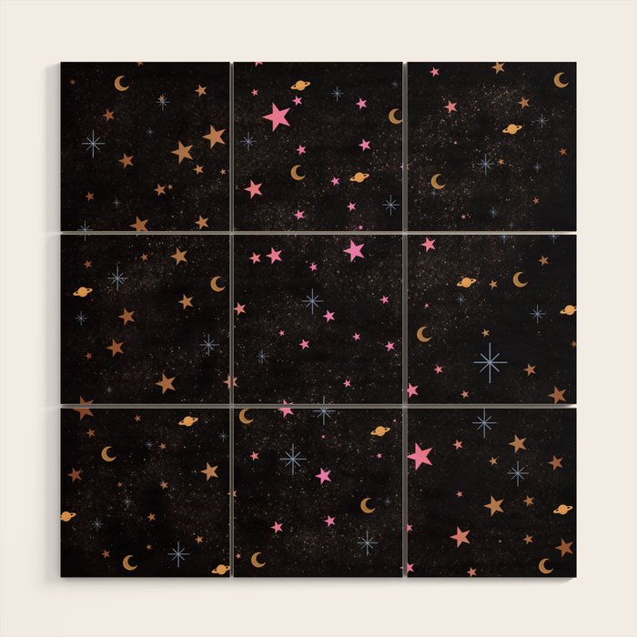 Spaces pattern with colourful stars moons and planets  Wood Wall Art Gallery Image 1