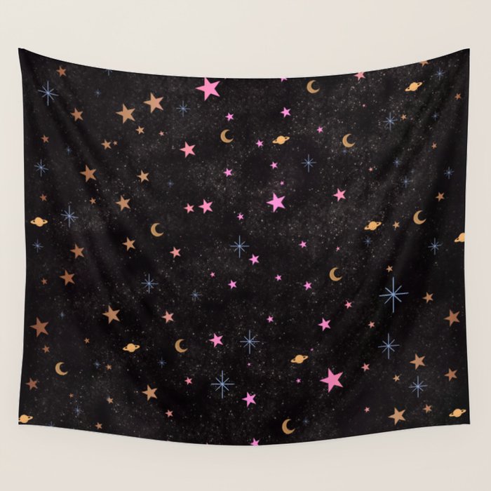 Spaces pattern with colourful stars moons and planets  Wall Tapestry Gallery Image 4