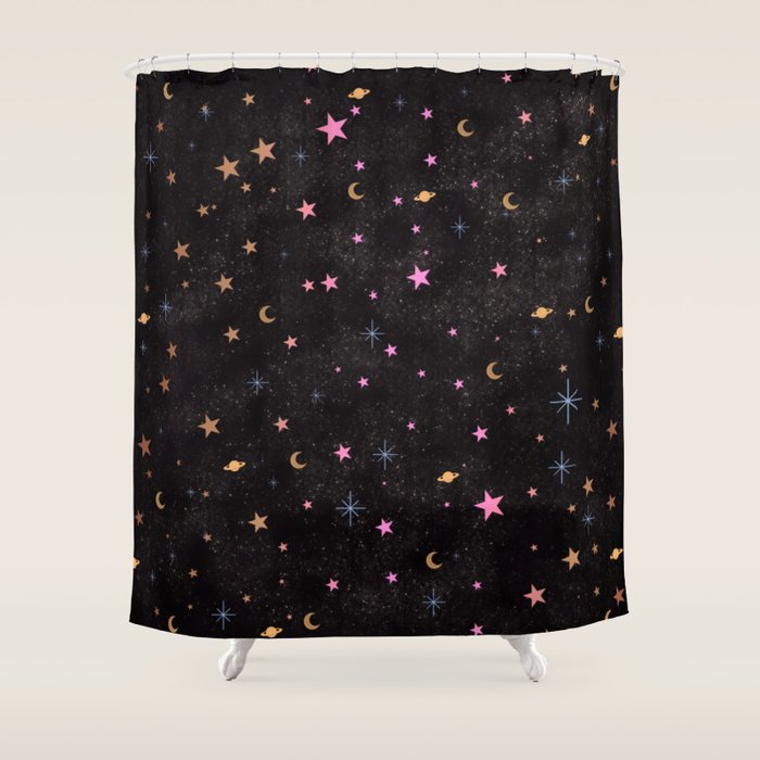Spaces pattern with colourful stars moons and planets  Shower Curtain Gallery Image 1