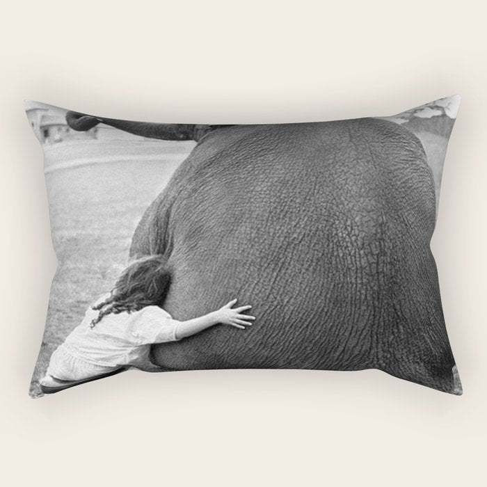Odd Best Friends, Sweet Little Girl hugging elephant black and white photograph Rectangular Pillow Gallery Image 2