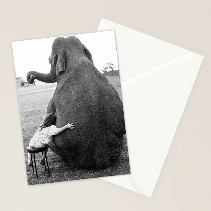 Odd Best Friends, Sweet Little Girl hugging elephant black and white photograph Stationery Card Gallery Image 2