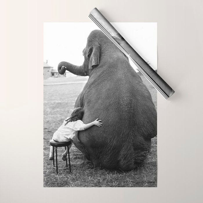 Odd Best Friends, Sweet Little Girl hugging elephant black and white photograph Wrapping Paper Gallery Image 1