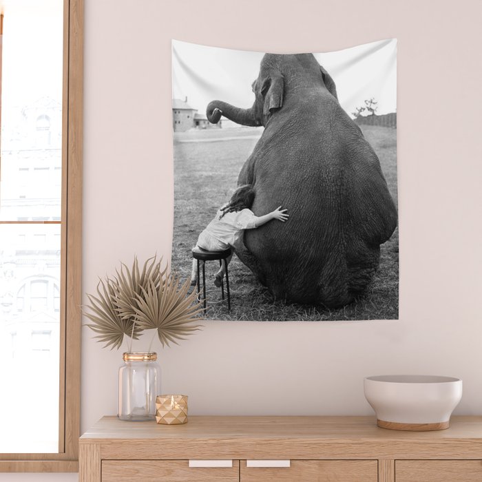 Odd Best Friends, Sweet Little Girl hugging elephant black and white photograph Wall Tapestry Gallery Image 2