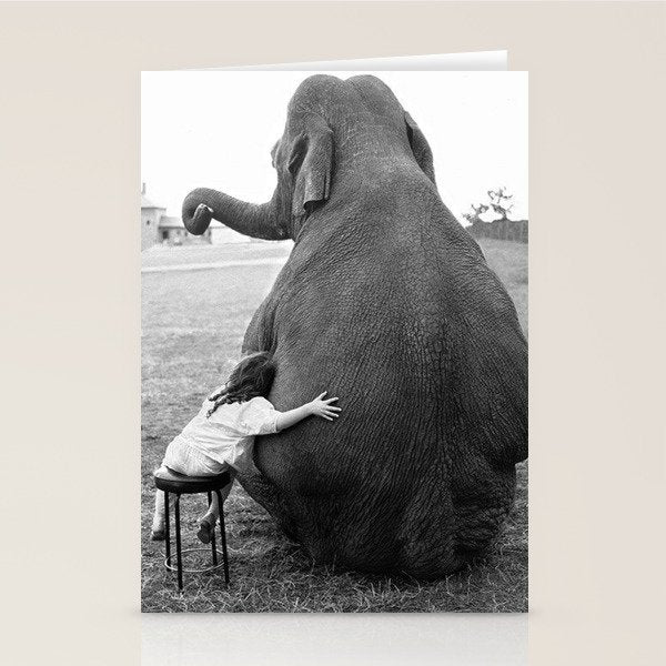 Odd Best Friends, Sweet Little Girl hugging elephant black and white photograph Stationery Card Gallery Image 2