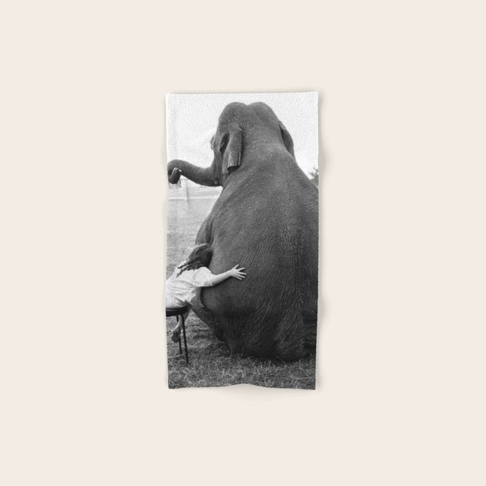 Odd Best Friends, Sweet Little Girl hugging elephant black and white photograph Bath Towel Gallery Image 1