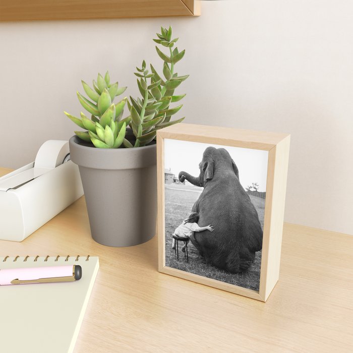Odd Best Friends, Sweet Little Girl hugging elephant black and white photograph Mini Art Print Gallery Image 2