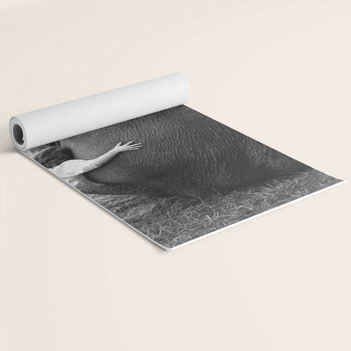 Odd Best Friends, Sweet Little Girl hugging elephant black and white photograph Yoga Mat Gallery Image 2