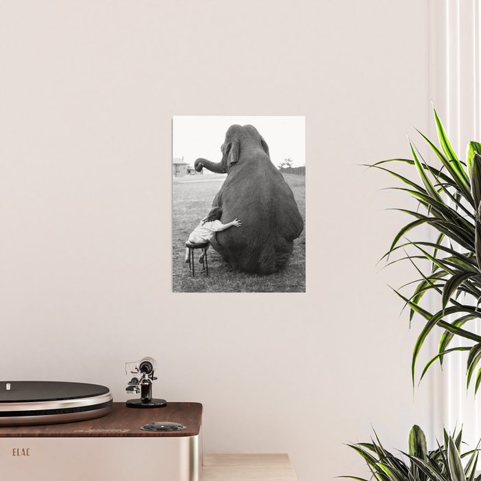 Odd Best Friends, Sweet Little Girl hugging elephant black and white photograph Poster Gallery Image 2