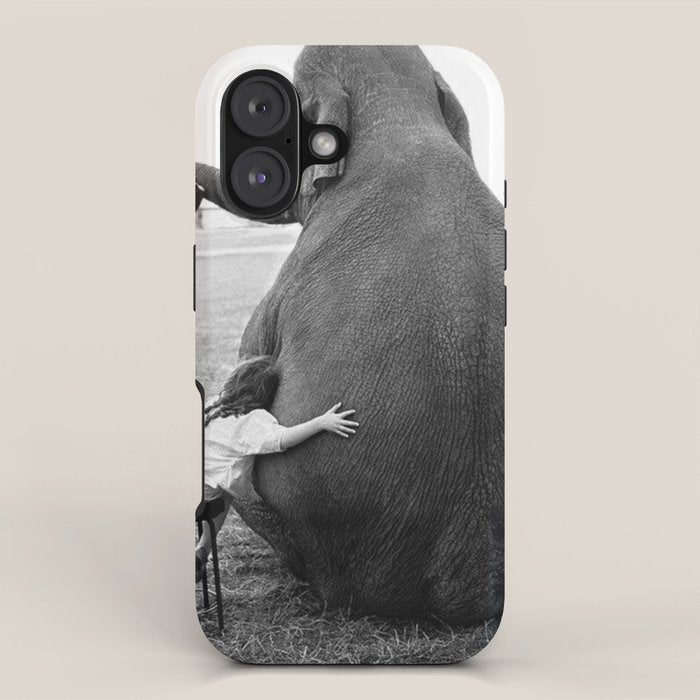 Odd Best Friends, Sweet Little Girl hugging elephant black and white photograph iPhone Case Gallery Image 1
