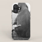 Odd Best Friends, Sweet Little Girl hugging elephant black and white photograph iPhone Case Gallery Image 1