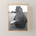 Odd Best Friends, Sweet Little Girl hugging elephant black and white photograph Mini Art Print Gallery Image 1